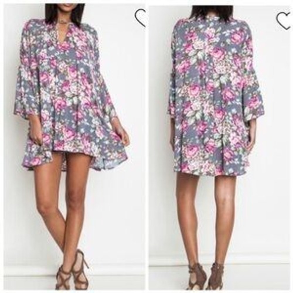 Umgee Gray Mini Dress with Pink Floral Pattern